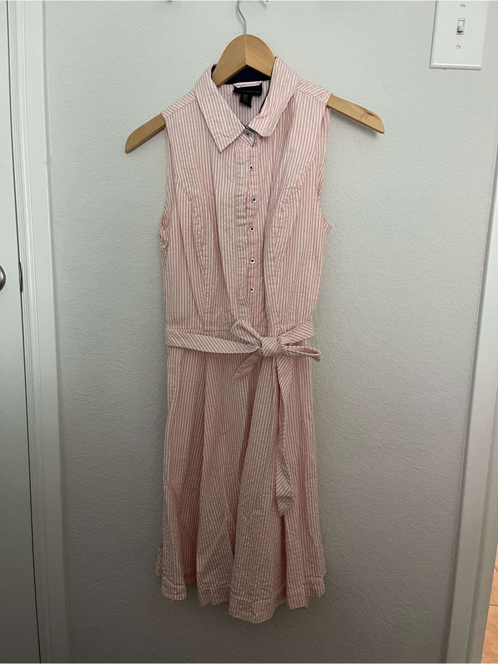 Cynthia Rowley Pink and White Striped Sleeveless Shirt Dress with Tie